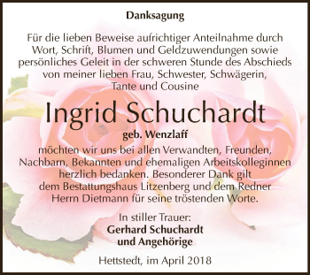 Traueranzeige von Ingrid Schuchardt von Wochenspiegel Mansfelder Land