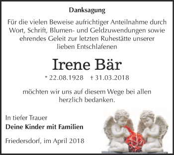 Traueranzeige von Irene Bär von WVG - Wochenspiegel Bitterfeld