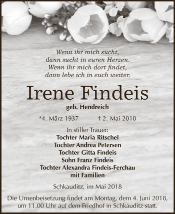 Traueranzeige von Irene Findeis von Super Sonntag Zeitz