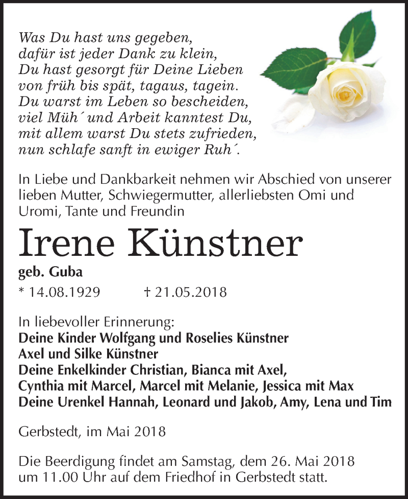  Traueranzeige für Irene Künstner vom 24.05.2018 aus Mitteldeutsche Zeitung