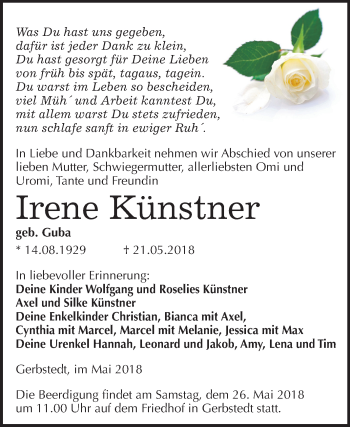 Traueranzeige von Irene Künstner von Mitteldeutsche Zeitung