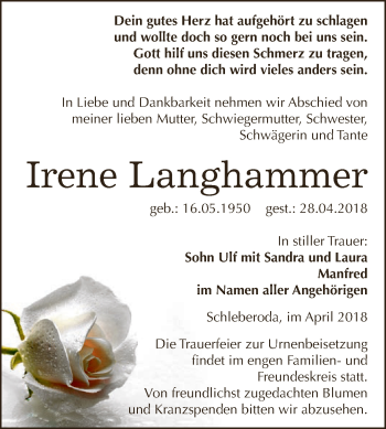 Traueranzeige von Irene Langhammer von WVG - Wochenspiegel NMB / WSF / ZTZ