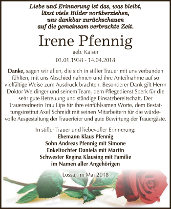 Traueranzeige von Irene Pfennig von WVG - Wochenspiegel NMB / WSF / ZTZ