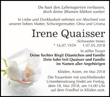 Traueranzeige von Irene Quaisser von WVG - Wochenspiegel Wittenberg