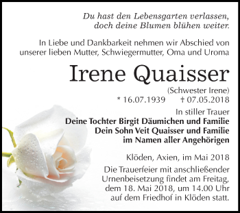 Traueranzeige von Irene Quaisser von Mitteldeutsche Zeitung