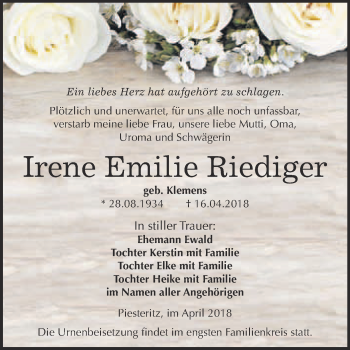Traueranzeige von Irene Emilie Riediger von Super Sonntag Wittenberg