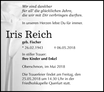 Traueranzeige von Iris Reich von WVG - Wochenspiegel Merseburg