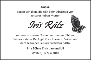Traueranzeige von Iris Rätz von WVG - Wochenspiegel Bitterfeld