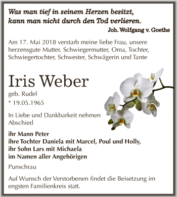 Traueranzeige von Iris Weber von WVG - Wochenspiegel NMB / WSF / ZTZ