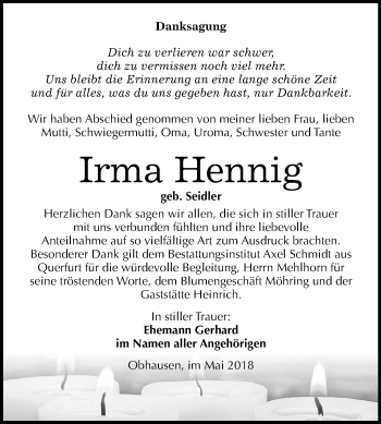 Traueranzeige von Irma Hennig von Mitteldeutsche Zeitung Merseburg/Querfurt