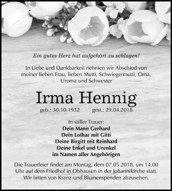 Traueranzeige von Irma Hennig von Mitteldeutsche Zeitung Merseburg/Querfurt