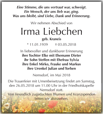 Traueranzeige von Irma Liebchen von Mitteldeutsche Zeitung Merseburg/Querfurt