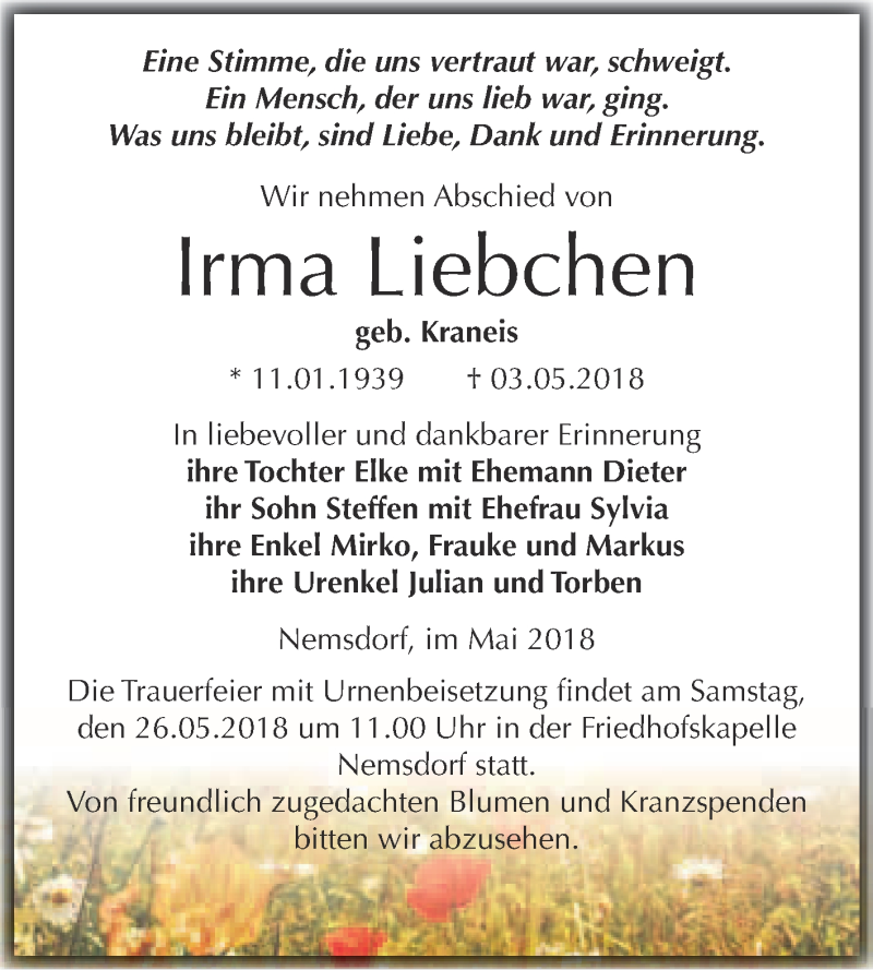  Traueranzeige für Irma Liebchen vom 19.05.2018 aus WVG - Wochenspiegel Merseburg