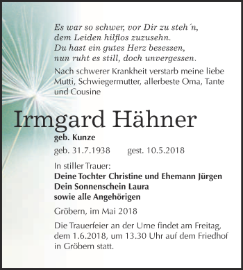 Traueranzeige von Irmgard Hähner von WVG - Wochenspiegel Wittenberg