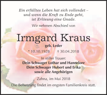 Traueranzeige von Irmgard Kraus von Super Sonntag Wittenberg
