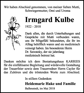 Traueranzeige von Irmgard Kulbe von WVG - Wochenspiegel Quedlinburg