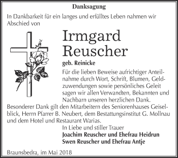 Traueranzeige von Irmgard Reuscher von WVG - Wochenspiegel Merseburg