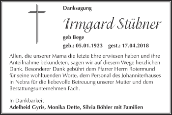 Traueranzeige von Irmgard Stübner von WVG - Wochenspiegel Merseburg