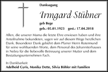 Traueranzeige von Irmgard Stübner von Mitteldeutsche Zeitung Merseburg/Querfurt