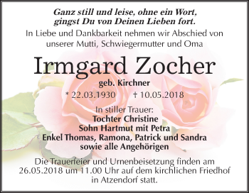 Traueranzeige von Irmgard Zocher von Mitteldeutsche Zeitung Merseburg/Querfurt