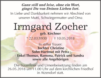 Traueranzeige von Irmgard Zocher von WVG - Wochenspiegel Merseburg