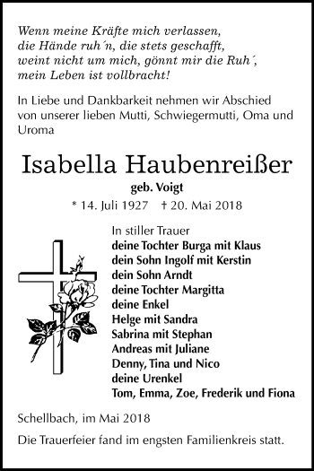 Traueranzeige von Isabella Haubenreißer von Mitteldeutsche Zeitung Zeitz