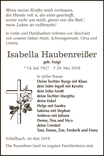 Traueranzeige von Isabella Haubenreißer von Super Sonntag Zeitz
