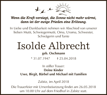 Traueranzeige von Isolde Albrecht von WVG - Wochenspiegel Dessau / Köthen