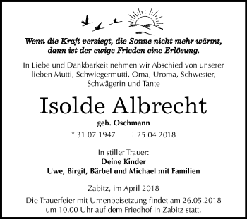 Traueranzeige von Isolde Albrecht von Mitteldeutsche Zeitung Köthen