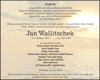 Traueranzeige von Jan Wallitschek von Mitteldeutsche Zeitung Weißenfels