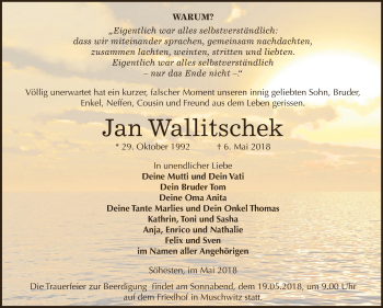 Traueranzeige von Jan Wallitschek von WVG - Wochenspiegel NMB / WSF / ZTZ