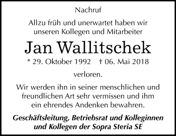 Traueranzeige von Jan Wallitschek von Mitteldeutsche Zeitung Weißenfels