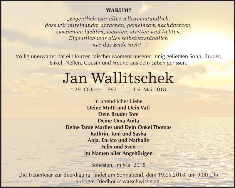  Traueranzeige für Jan Wallitschek vom 16.05.2018 aus Mitteldeutsche Zeitung Weißenfels