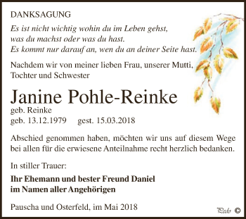 Traueranzeige von Janine Pohle-Reinke von Super Sonntag Zeitz
