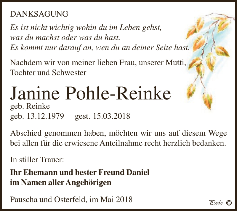 Traueranzeige für Janine Pohle-Reinke vom 19.05.2018 aus Super Sonntag Zeitz
