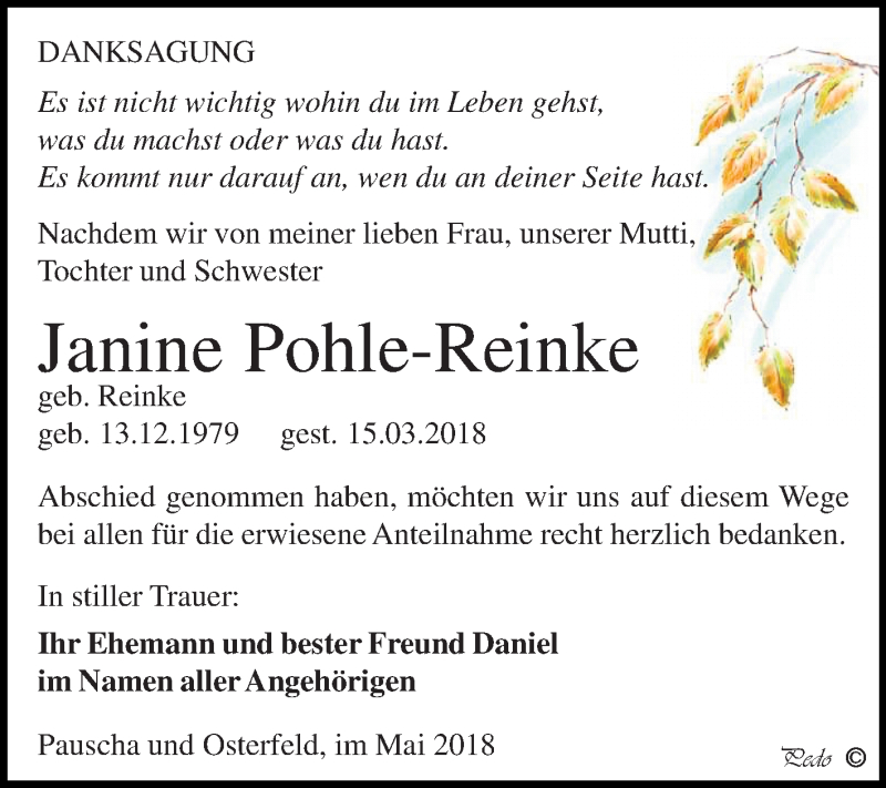  Traueranzeige für Janine Pohle-Reinke vom 19.05.2018 aus Mitteldeutsche Zeitung Zeitz