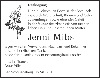 Traueranzeige von Jenni Mibs von WVG - Wochenspiegel Wittenberg