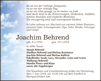 Traueranzeige von Joachim Behrend von WVG - Wochenspiegel Dessau / Köthen