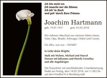 Traueranzeige von Joachim Hartmann von Super Sonntag Bernburg