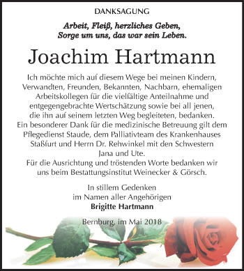 Traueranzeige von Joachim Hartmann von Mitteldeutsche Zeitung Bernburg
