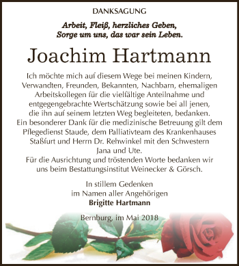 Traueranzeige von Joachim Hartmann von Super Sonntag Bernburg