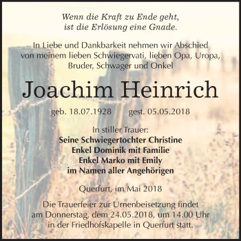 Traueranzeige von Joachim Heinrich von WVG - Wochenspiegel Merseburg