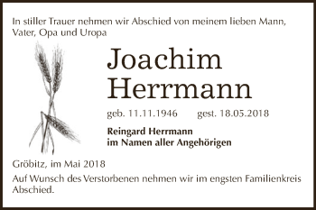 Traueranzeige von Joachim Herrmann von WVG - Wochenspiegel NMB / WSF / ZTZ