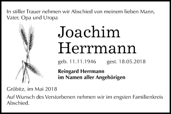 Traueranzeige von Joachim Herrmann von Mitteldeutsche Zeitung Weißenfels