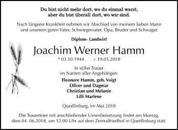 Traueranzeige von Joachim Werner Hamm von Mitteldeutsche Zeitung Quedlinburg