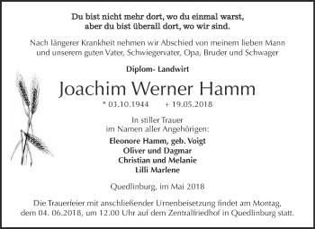Traueranzeige von Joachim Werner Hamm von Super Sonntag Quedlinburg