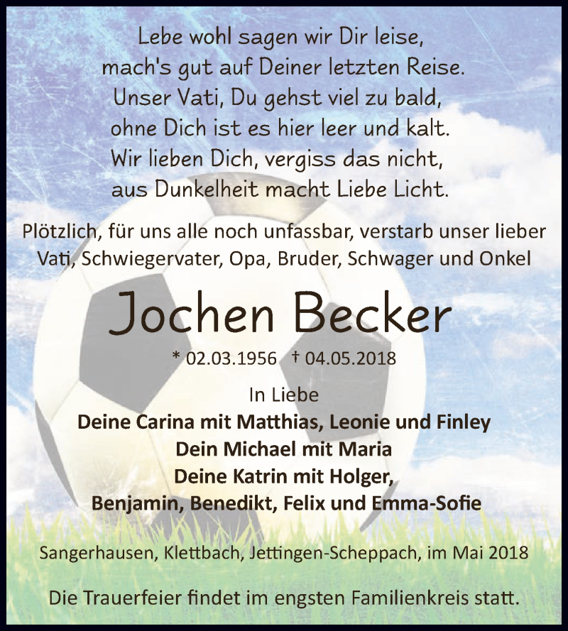  Traueranzeige für Jochen Becker vom 12.05.2018 aus Super Sonntag SGH Mansf. Land