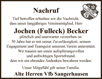 Traueranzeige von Jochen Becker von Super Sonntag SGH Mansf. Land