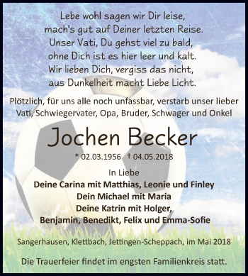 Traueranzeige von Jochen Becker von Super Sonntag SGH Mansf. Land