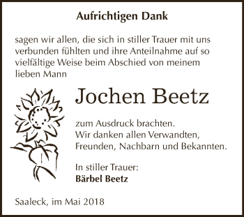 Traueranzeige von Jochen Beetz von WVG - Wochenspiegel NMB / WSF / ZTZ